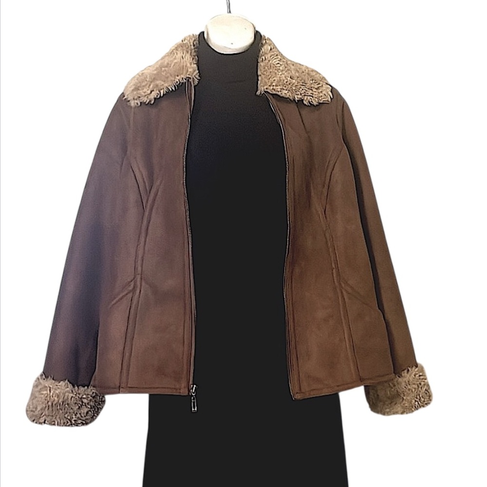 LW Women’s Brown Faux Suede Leather Tan Shearling Faux Fur Collar Zipper Jacket